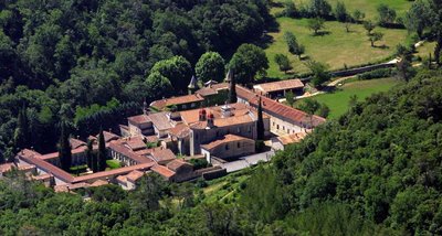 Vue aérienne des édifices de la chartreuse et de ses jardins arborés entouré de végétation