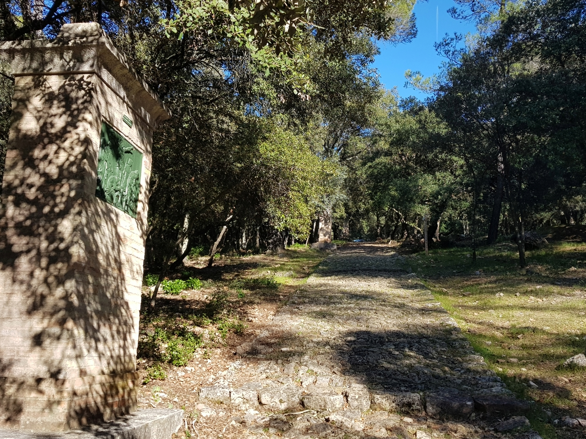 Vue sur les escaliers en pierre cheminant vers le sommet et un oratoire sur la gauche