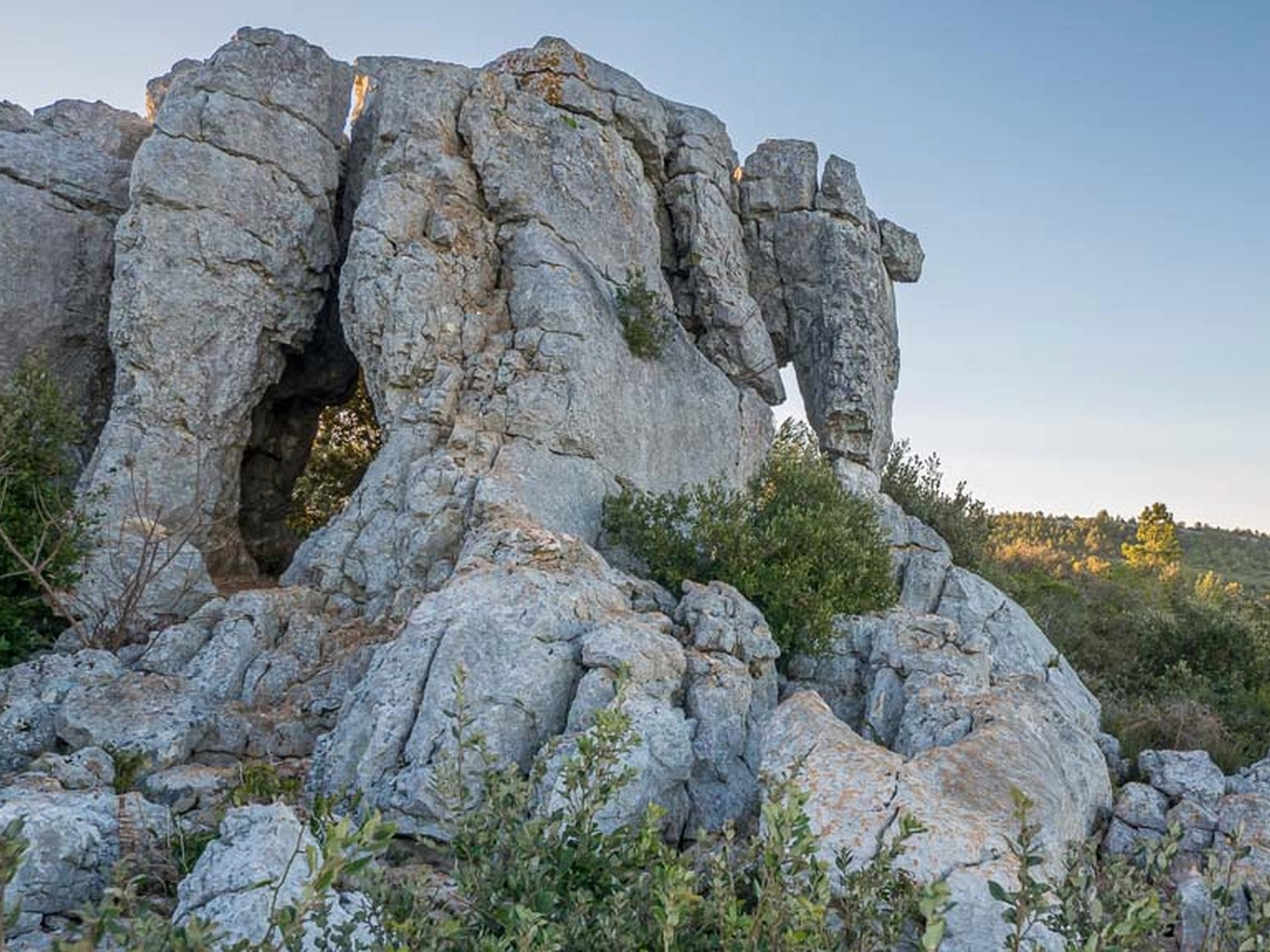 Zoom sur le rocher ressemblant à un éléphant avec la garrigue en arrière plan
